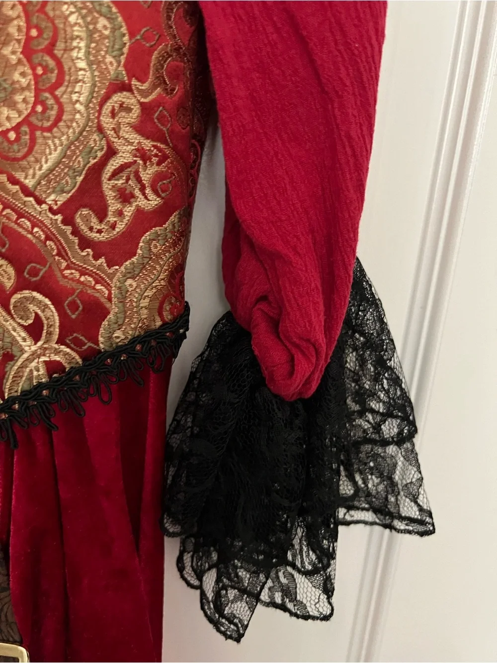 Red Girls' Pirate Victorian Costume with Brocade Vest and Lace Cuffs
